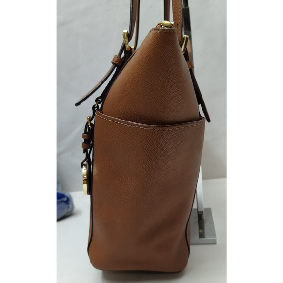 Michael Kors Jet Set Brown Crossgrain Leather Pockets Zipper Tote Shoulder Bag - Picture 5 of 16